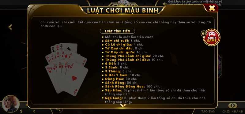 Luật tính tiền trong Mậu Binh Go88